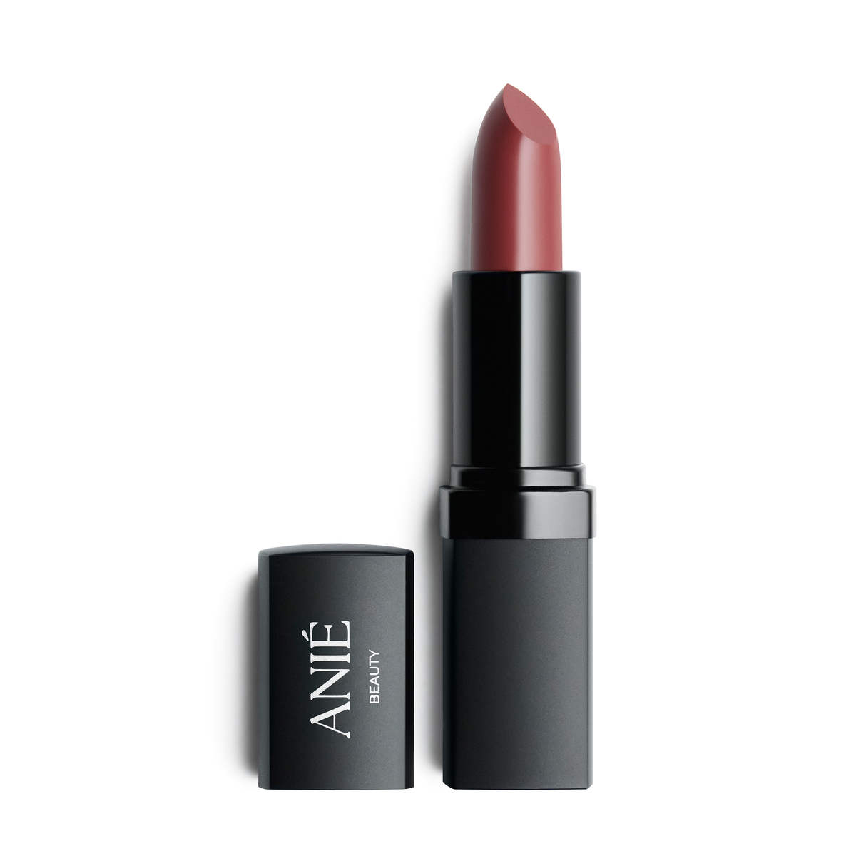 ANIÉ Film Buff cream lipstick in medium rosy brown nude, bullet with black cap